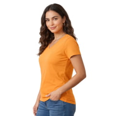 Camiseta Feminina Lee T-shirt Baby Look Básica Laranja Manga Curta Gola V Ref: 6103L