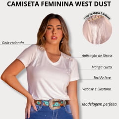 Camiseta T-Shirt Feminina Off White Com Pedras Brilhantes e Franja Nos Ombros Ref.TS29359