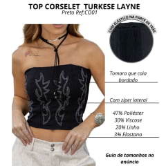 Top Corselet Feminino Turkese Lainey Black Com Bordado Branco E Detalhe Elástico Nas Costas Ref:CO01