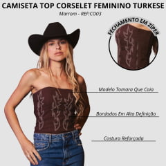 Top Corselet Feminino Turkese Lainey Brown Marrom Bordado Branco E Elastico Nas Costas - REF:CO03
