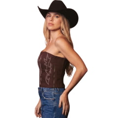Top Corselet Feminino Turkese Lainey Brown Marrom Bordado Branco E Elastico Nas Costas - REF:CO03