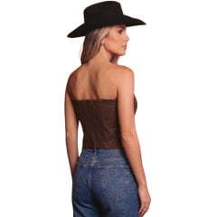 Top Corselet Feminino Turkese Lainey Brown Marrom Bordado Branco E Elastico Nas Costas - REF:CO03