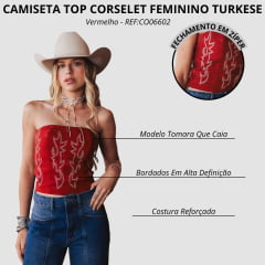 Top Corselet Feminino Turkese Lainey New Vermelho Bordado Branco E Elastico Nas Costas - REF:CO06602