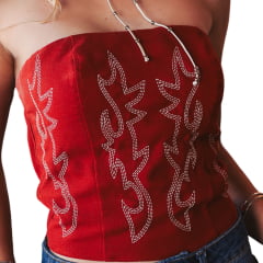 Top Corselet Feminino Turkese Lainey New Vermelho Bordado Branco E Elastico Nas Costas - REF:CO06602