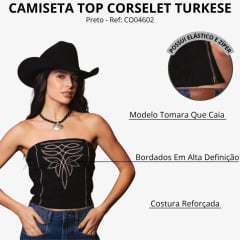 Top Corselet Feminino Turkese Patsy Black Preto Bordado E Elástico Nas Costas Ref: CO04602