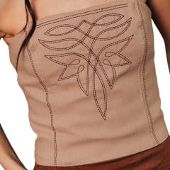Top Corselet Feminino Turkese Patsy Nude Bordado Marrom E Elastico Nas Costas - REF:CO06601
