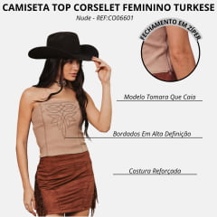 Top Corselet Feminino Turkese Patsy Nude Bordado Marrom E Elastico Nas Costas - REF:CO06601