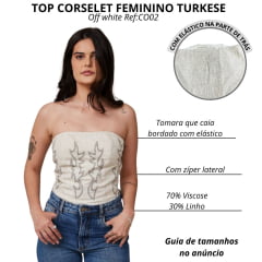 Top Corselet Turkese Lainey Off Bege Mesclado Com Bordado Marrom Detalhe Elástico Costas Ref:CO02