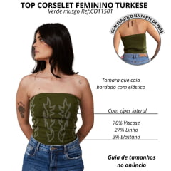 Top Corselet Turkese Lainey Verde Musgo Tomara Que Caia Com Elástico Nas Costas Bordado Branco Ref:CO11501