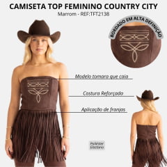 Top Feminino Country City Thaissa Marrom Franjas Bordado Florão Creme REF:TFT2138