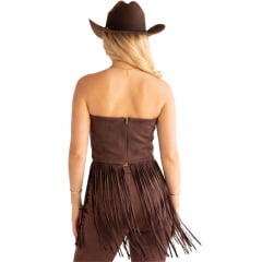 Top Feminino Country City Thaissa Marrom Franjas Bordado Florão Creme REF:TFT2138