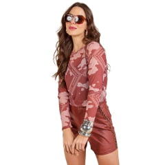 Cropped Feminino Moon Horse Manga Longa Tule Com Regata Vinho Ref:0111462