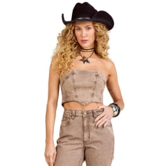 Top Feminino Moon Horse Zoe Jeans Sem Alças Marrom Claro Ref:01.11.456