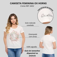 Camiseta TShirt Feminina Ox Horns Creme Manga Curta Com Desenho De Cactus E Brilho Ref:6452