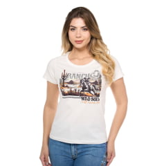 Camiseta TShirt Feminina Ox Horns Creme Manga Curta Com Desenho De Cowgirl No Cavalo Ref:6453