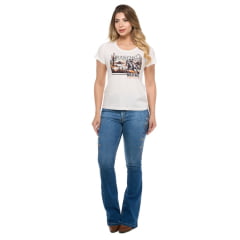 Camiseta TShirt Feminina Ox Horns Creme Manga Curta Com Desenho De Cowgirl No Cavalo Ref:6453