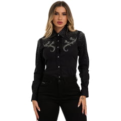 Camisa Feminina Buphallos Preto Manga Longa Com Bordado em Strass Horses Luxo Ref.BPL622