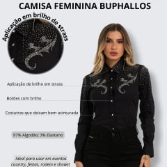 Camisa Feminina Buphallos Preto Manga Longa Com Bordado em Strass Horses Luxo Ref.BPL622