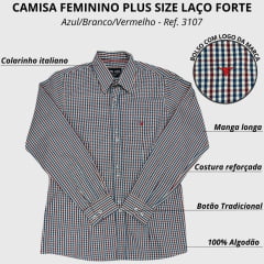 Camisa Feminina Laço Forte Plus Size Manga Longa Xadrez Azul/Branco/Vermelho Ref.3107