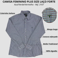 Camisa Feminina Laço Forte Plus Size Manga Longa Xadrez Azul/Verde/Vermelho Ref.3107