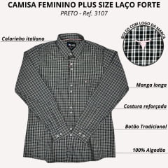 Camisa Feminina Laço Forte Plus Size Manga Longa Xadrez Preto Ref.3107