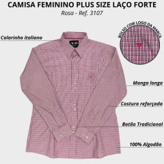 Camisa Feminina Laço Forte Plus Size Manga Longa Xadrez Rosa Ref.3107