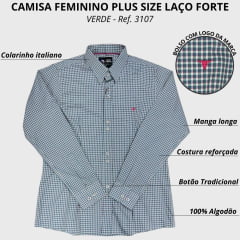 Camisa Feminina Laço Forte Plus Size Manga Longa Xadrez Verde Ref.3107