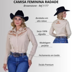 Camisa Feminina Radade Manga Longa Bordada Brownstone Bege R: 1177