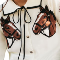 Casaco Feminino Turkese Cardigan Vintage Ranch Off White/Preto Estampa Cavalo REF:CAS4601