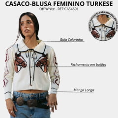Casaco Feminino Turkese Cardigan Vintage Ranch Off White/Preto Estampa Cavalo REF:CAS4601