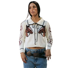 Casaco Feminino Turkese Cardigan Vintage Ranch Off White/Preto Estampa Cavalo REF:CAS4601
