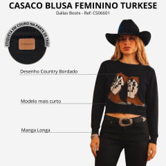 Blusa Feminina Turkese Dallas Boots Preto Bordado Ref: CS06601