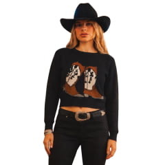 Blusa Feminina Turkese Dallas Boots Preto Bordado Ref: CS06601 Blusa Feminina Turkese Dallas Boots Preto Bordado Ref: CS06601