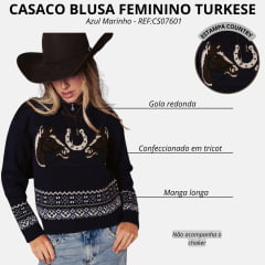 Blusa Feminina Turkese Tricot Granny Azul Marinho Cavalos E Ferradura REF:CS07601