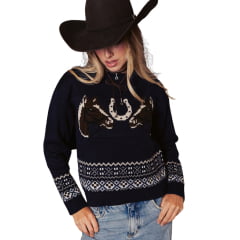 Blusa Feminina Turkese Tricot Granny Azul Marinho Cavalos E Ferradura REF:CS07601