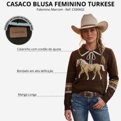Blusa Feminina Turkese Palomino Marrom Gola E Cordão De Ajuste Bordado Ref: CS06602
