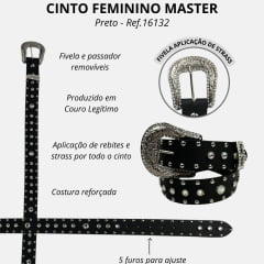 Cinto Feminino Master Couro Preto Com Pedras Cristal Detalhes em Prata e Fivela de Strass Larg.0,4 CM Ref.16132