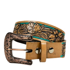 Cinto Feminino Master Western Couro Caramelo Com Bordado Flores Com Detalhe Verde REF: 16126