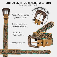 Cinto Feminino Master Western Couro Caramelo Com Bordado Flores Com Detalhe Verde REF: 16126