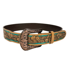 Cinto Feminino Master Western Couro Caramelo Com Bordado Flores Com Detalhe Verde REF: 16126