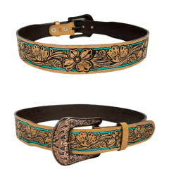 Cinto Feminino Master Western Couro Caramelo Com Bordado Flores Com Detalhe Verde REF: 16126