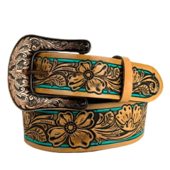 Cinto Feminino Master Western Couro Caramelo Com Bordado Flores Com Detalhe Verde REF: 16126