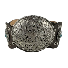 Cinto Feminino Paul Western Couro Marrom Com Detalhes Em Ilhos E Medalhas Com Pedra Azul E Fivela Prata Ref:484