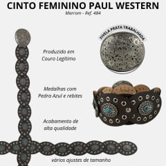 Cinto Feminino Paul Western Couro Marrom Com Detalhes Em Ilhos E Medalhas Com Pedra Azul E Fivela Prata Ref:484