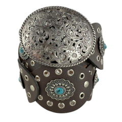 Cinto Feminino Paul Western Couro Marrom Com Detalhes Em Ilhos E Medalhas Com Pedra Azul E Fivela Prata Ref:484