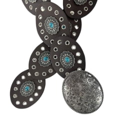 Cinto Feminino Paul Western Couro Marrom Com Detalhes Em Ilhos E Medalhas Com Pedra Azul E Fivela Prata Ref:484