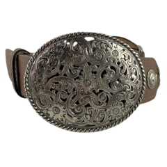 Cinto Feminino Paul Western Couro Marrom Com Detalhes Em Ilhos E Medalhas Pequenas Com Ponteira Fivela Prata Ref:483