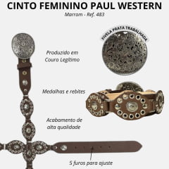 Cinto Feminino Paul Western Couro Marrom Com Detalhes Em Ilhos E Medalhas Pequenas Com Ponteira Fivela Prata Ref:483