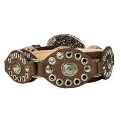 Cinto Feminino Paul Western Couro Marrom Com Detalhes Em Ilhos E Medalhas Pequenas Com Ponteira Fivela Prata Ref:483