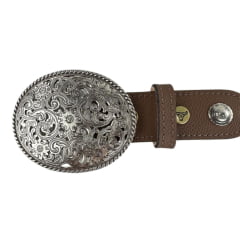 Cinto Feminino Paul Western Couro Marrom Com Detalhes Em Ilhos E Medalhas Pequenas Com Ponteira Fivela Prata Ref:483